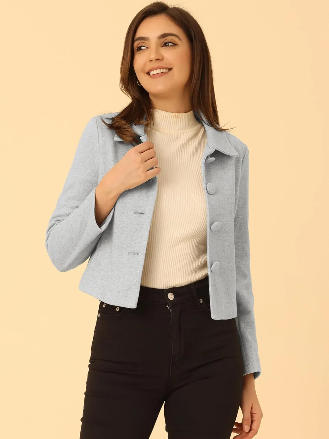 Allegra K Women's Elegant Short Coat Point Collar Single Breasted Slant Pocket Peacoats
