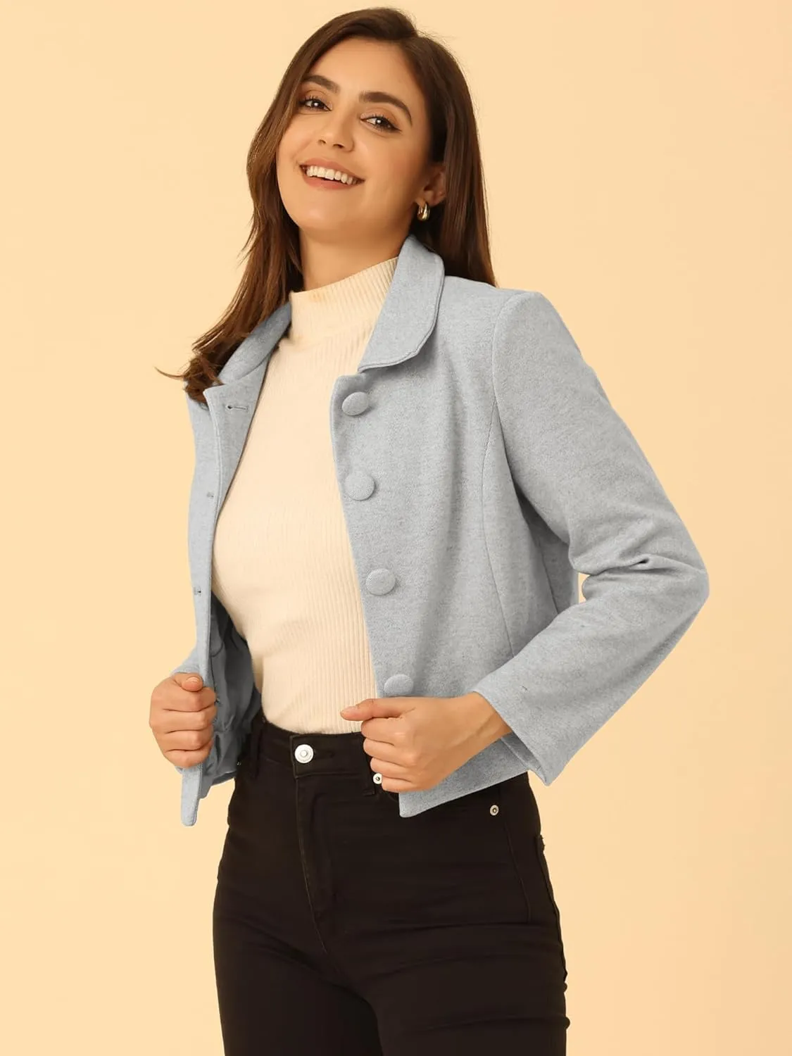 Allegra K Women's Elegant Short Coat Point Collar Single Breasted Slant Pocket Peacoats