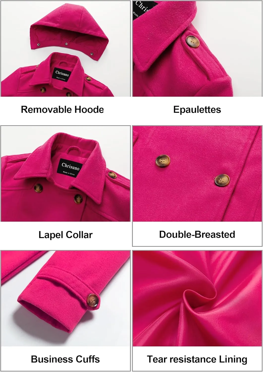 Chrisuno Women's Double Breasted Pea Coat Hooded Long Winter Trench Coat