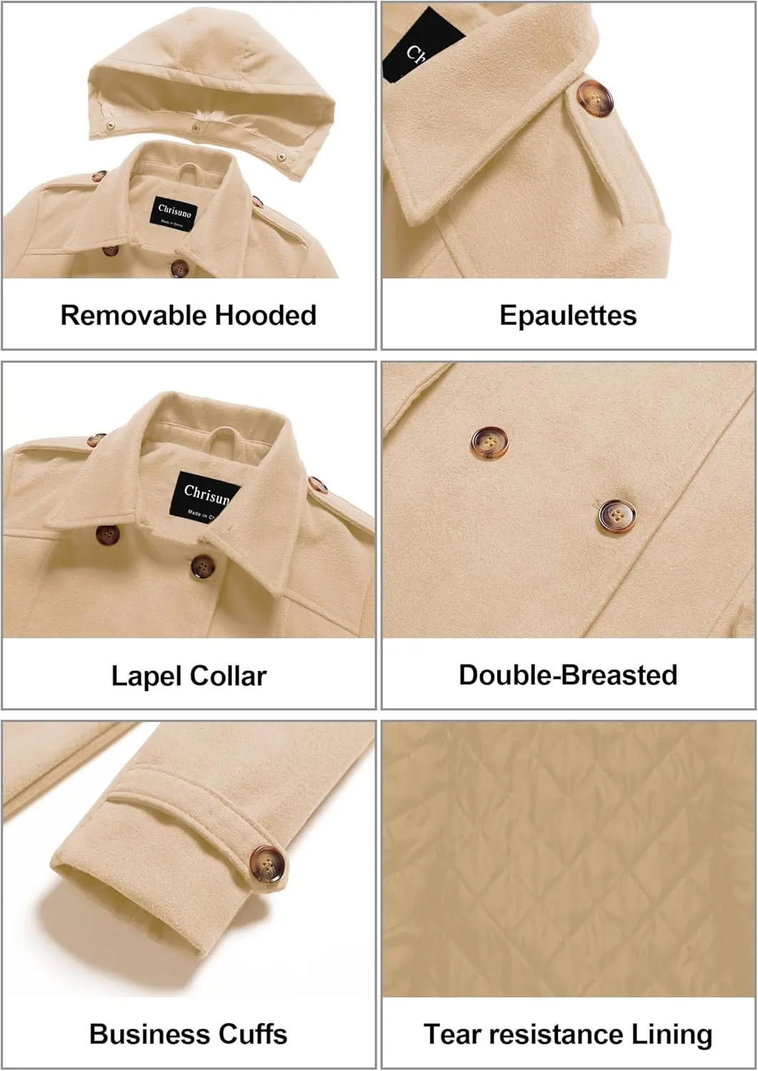 Chrisuno Women's Double Breasted Pea Coat Hooded Long Winter Trench Coat