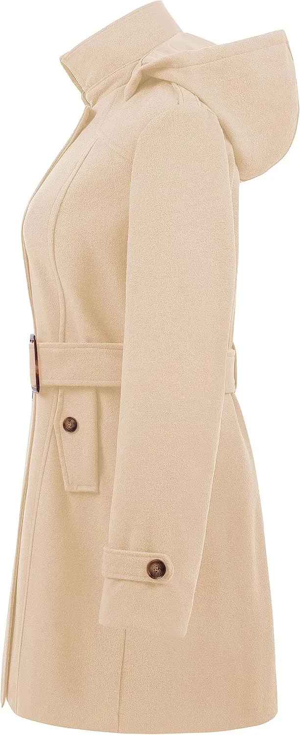 Chrisuno Women's Double Breasted Pea Coat Hooded Long Winter Trench Coat