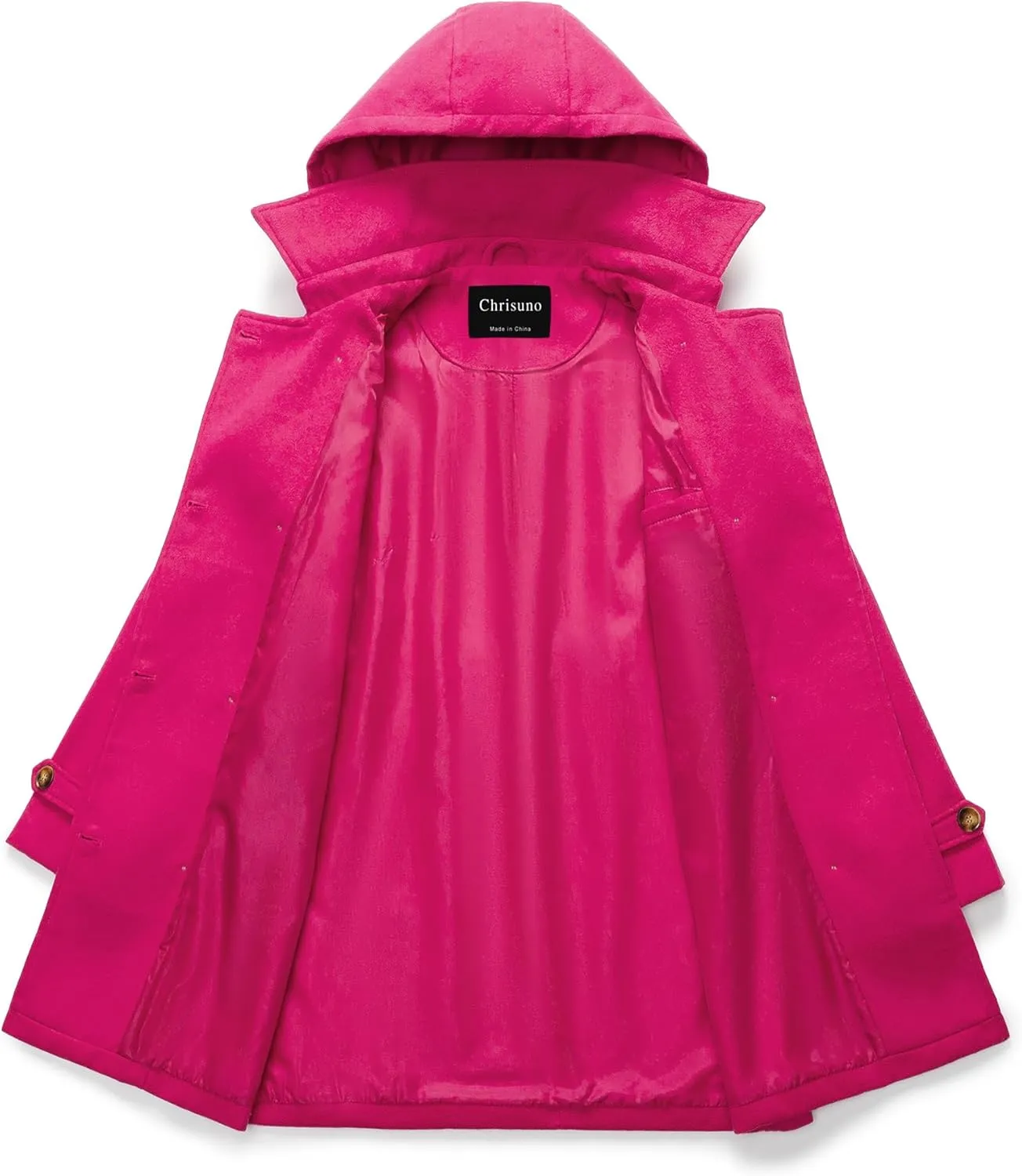 Chrisuno Women's Double Breasted Pea Coat Hooded Long Winter Trench Coat