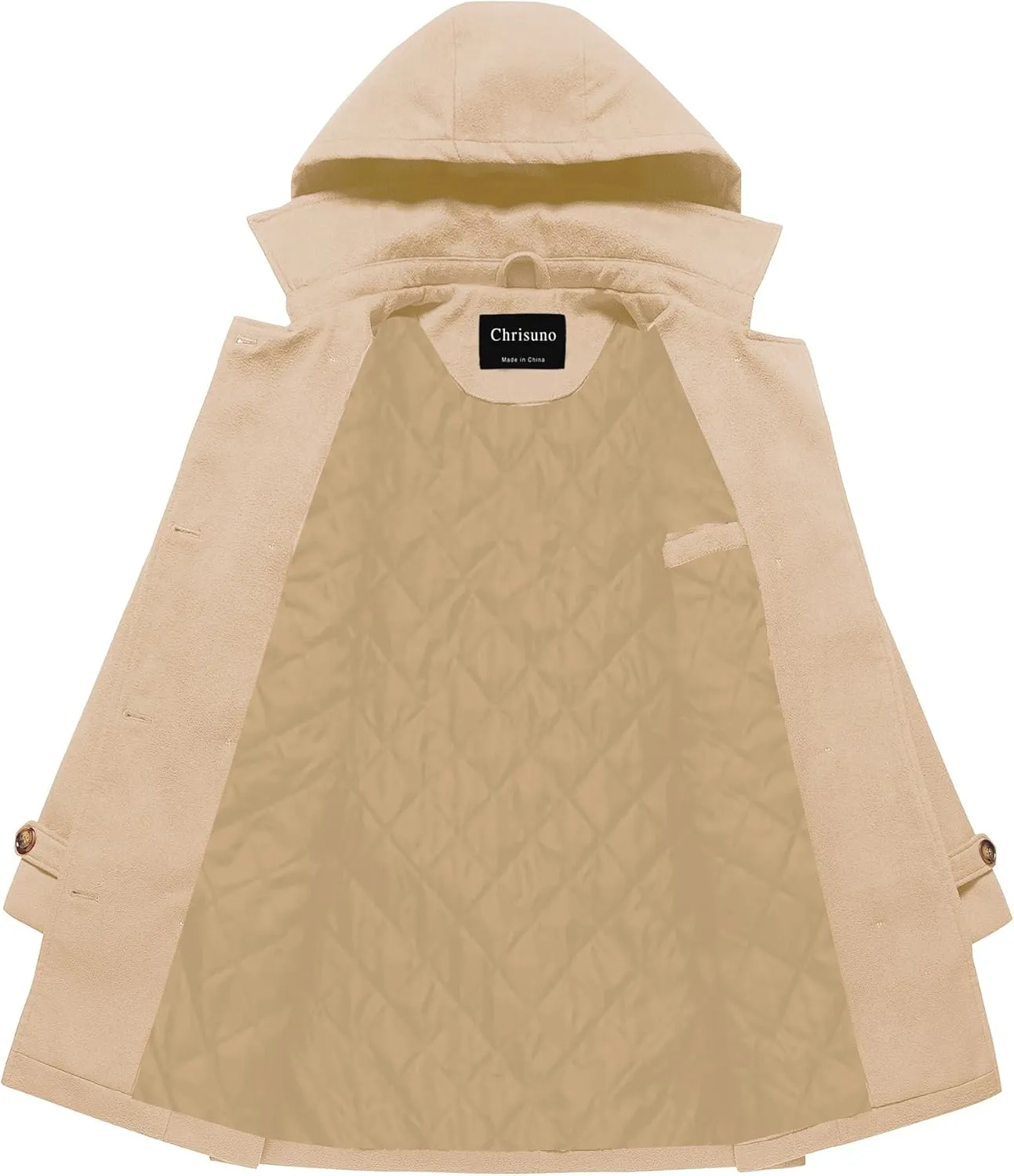 Chrisuno Women's Double Breasted Pea Coat Hooded Long Winter Trench Coat