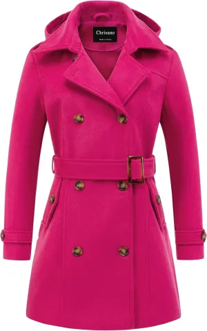 Chrisuno Women's Double Breasted Pea Coat Hooded Long Winter Trench Coat