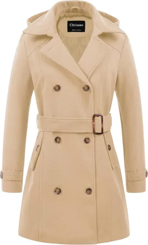 Chrisuno Women's Double Breasted Pea Coat Hooded Long Winter Trench Coat