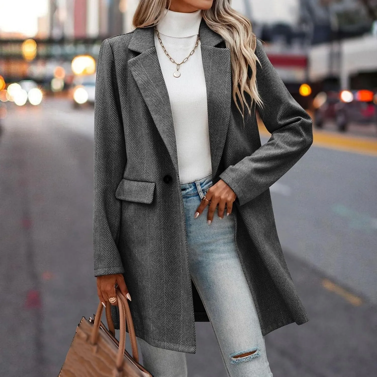 cooki Wool Coats for Women Long Women's Wool Coat Knee Length Jackets Winter Trench Coats Lapel Collar Button Down Peacoats