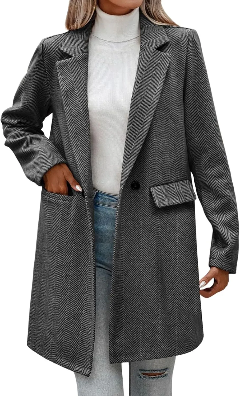 cooki Wool Coats for Women Long Women's Wool Coat Knee Length Jackets Winter Trench Coats Lapel Collar Button Down Peacoats