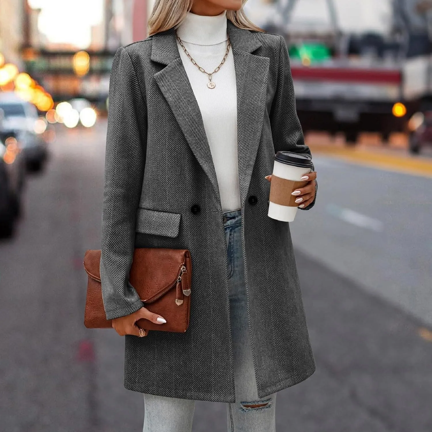 cooki Wool Coats for Women Long Women's Wool Coat Knee Length Jackets Winter Trench Coats Lapel Collar Button Down Peacoats