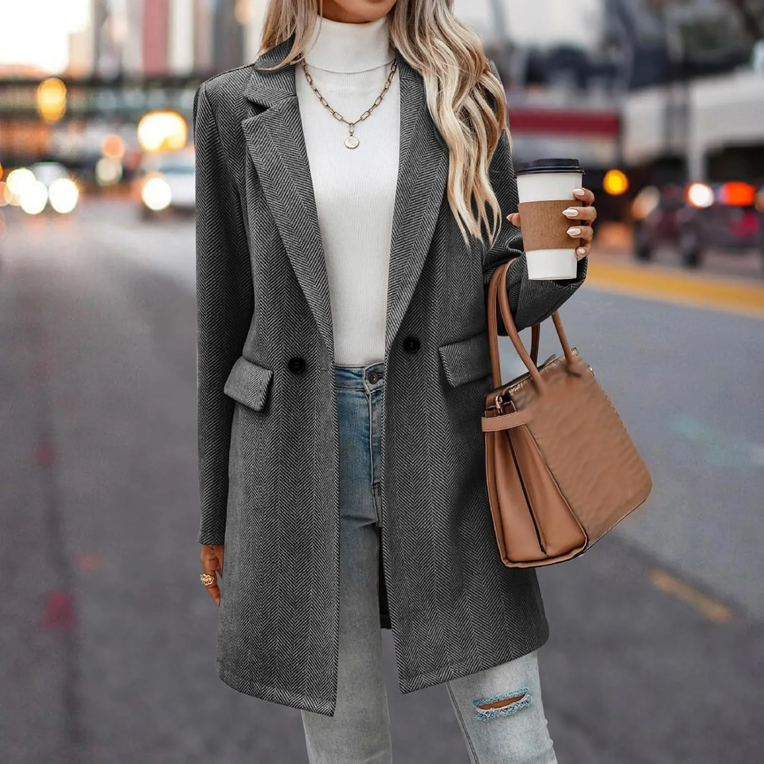 cooki Wool Coats for Women Long Women's Wool Coat Knee Length Jackets Winter Trench Coats Lapel Collar Button Down Peacoats