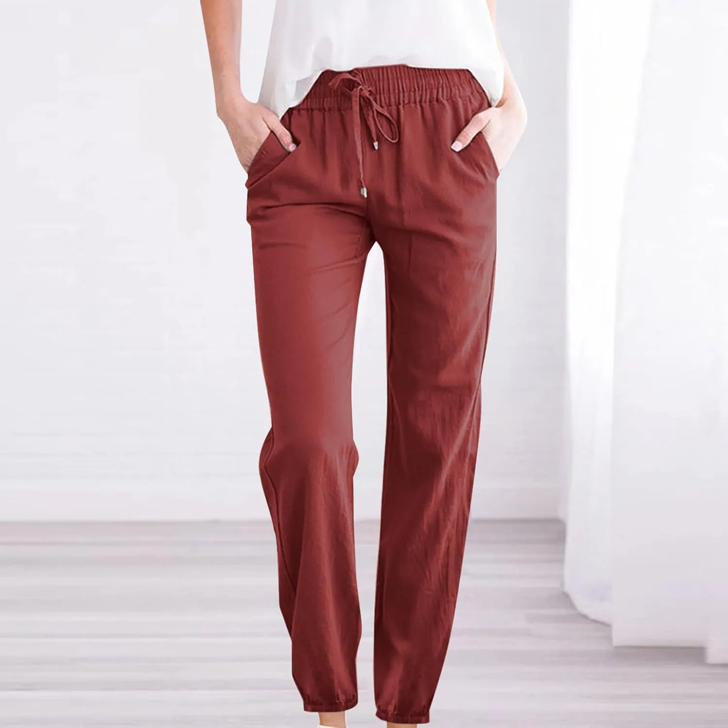 Cotton Linen Pants for Women 2024 Casual Straight Leg Drawstring Pant Lounge Trousers Spring Fashion Outfits