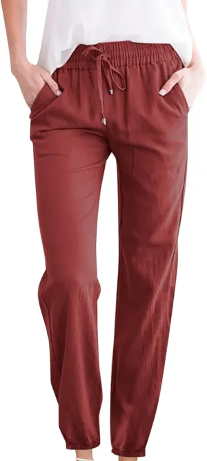 Cotton Linen Pants for Women 2024 Casual Straight Leg Drawstring Pant Lounge Trousers Spring Fashion Outfits