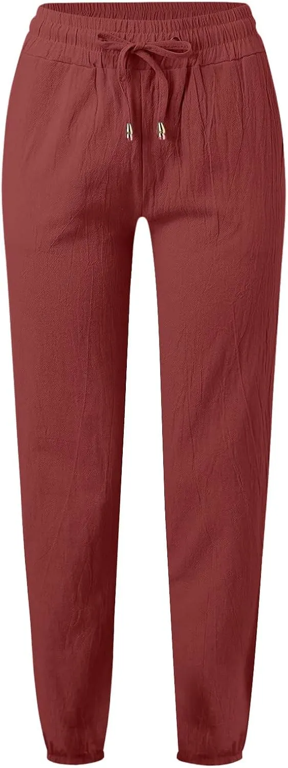 Cotton Linen Pants for Women 2024 Casual Straight Leg Drawstring Pant Lounge Trousers Spring Fashion Outfits