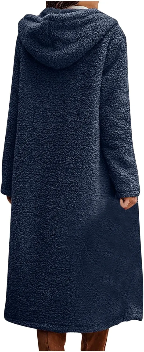 DOLKFU Women Fuzzy Fleece Long Cardigan Sherpa Teddy Hooded Coats Faux Fur Long Open Front 2022 Warm Winter Outwear Jackets