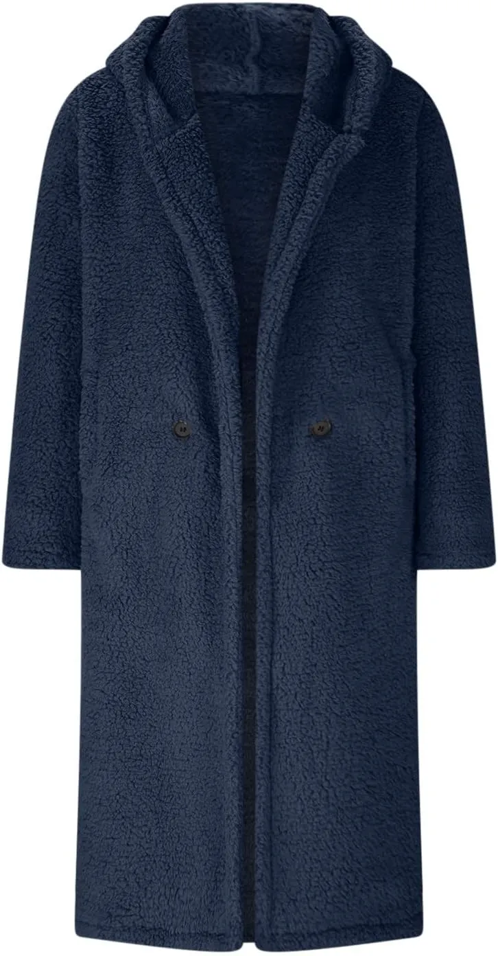 DOLKFU Women Fuzzy Fleece Long Cardigan Sherpa Teddy Hooded Coats Faux Fur Long Open Front 2022 Warm Winter Outwear Jackets