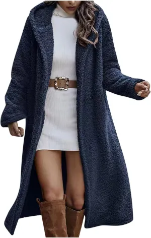 DOLKFU Women Fuzzy Fleece Long Cardigan Sherpa Teddy Hooded Coats Faux Fur Long Open Front 2022 Warm Winter Outwear Jackets