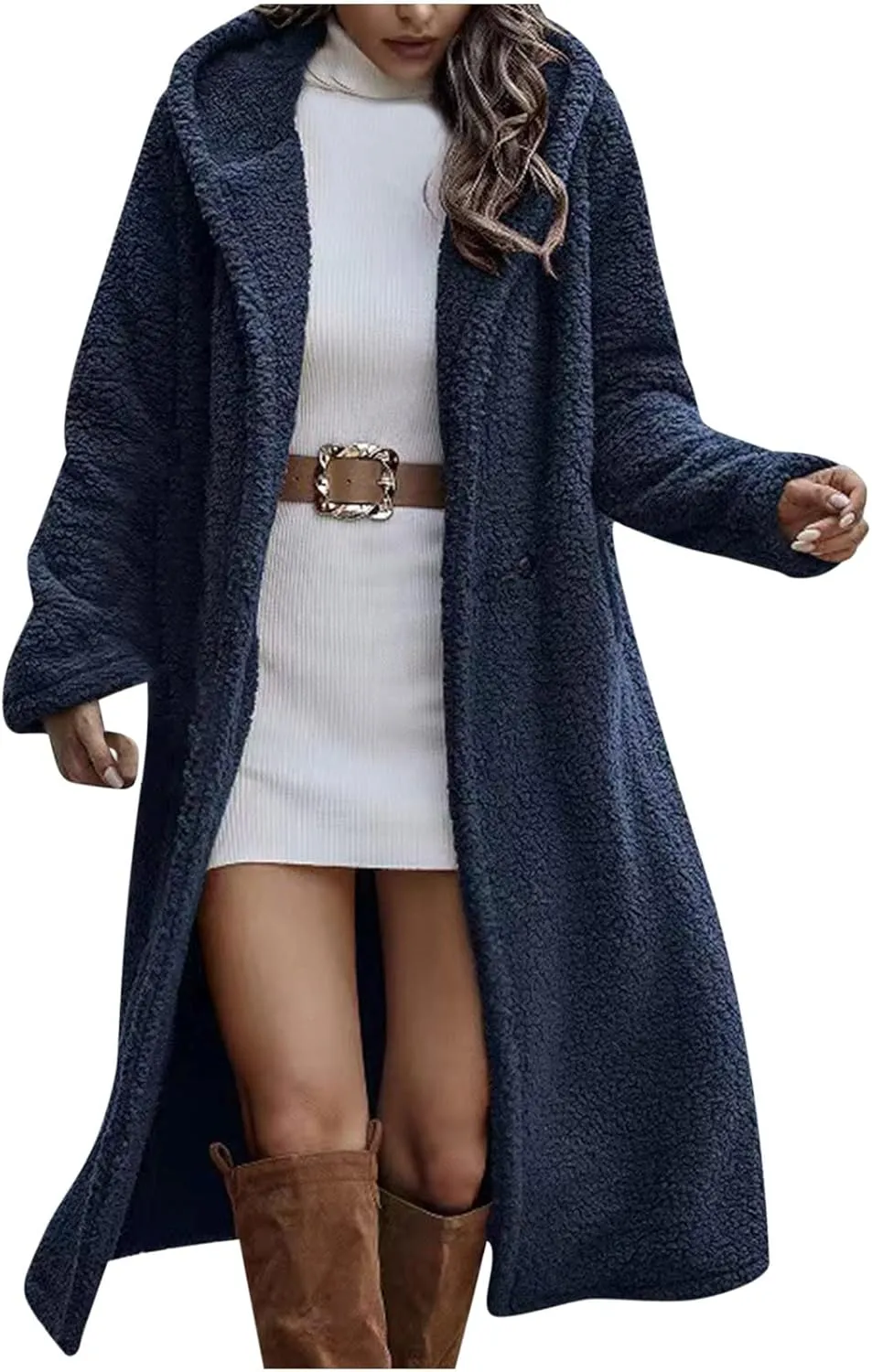DOLKFU Women Fuzzy Fleece Long Cardigan Sherpa Teddy Hooded Coats Faux Fur Long Open Front 2022 Warm Winter Outwear Jackets