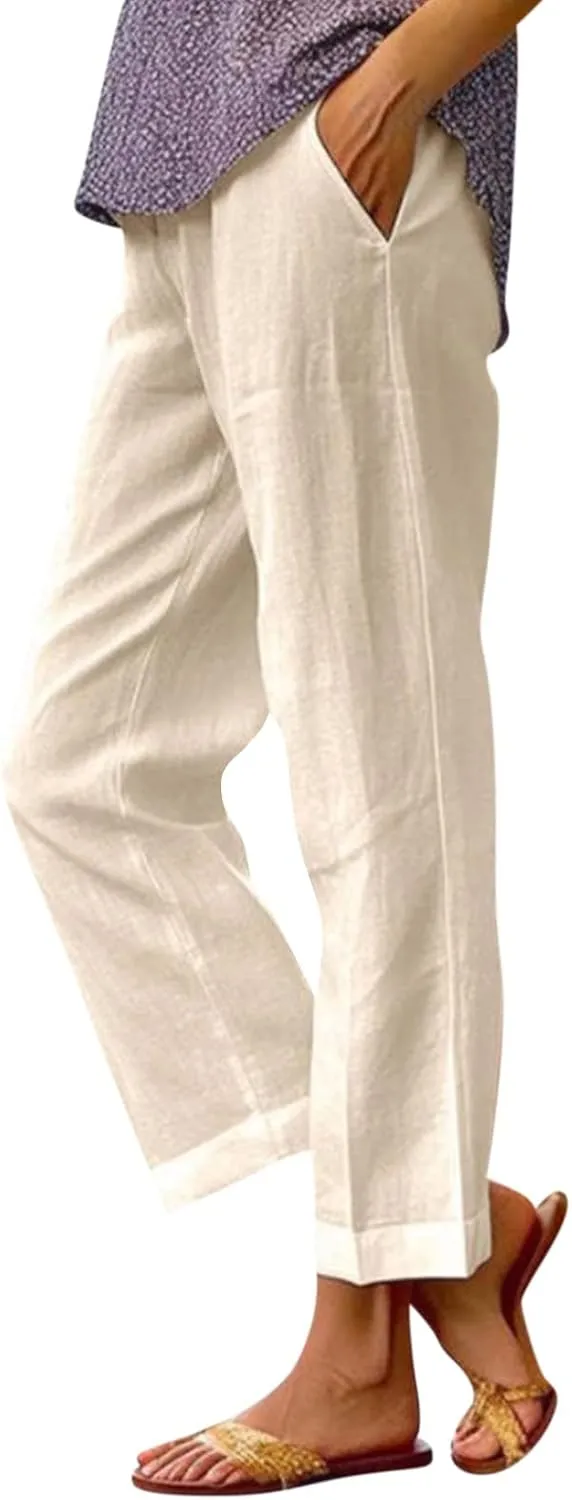 fanmpghleoo Cropped Linen Pants Women Summer Straight Leg Plus Size Crop Pants Elastic Waist Casual Trousers with Pockets