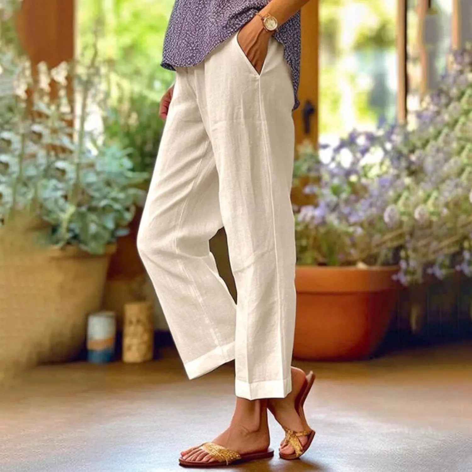 fanmpghleoo Cropped Linen Pants Women Summer Straight Leg Plus Size Crop Pants Elastic Waist Casual Trousers with Pockets