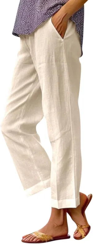 fanmpghleoo Cropped Linen Pants Women Summer Straight Leg Plus Size Crop Pants Elastic Waist Casual Trousers with Pockets