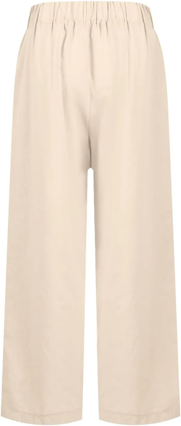 fanmpghleoo Cropped Linen Pants Women Summer Straight Leg Plus Size Crop Pants Elastic Waist Casual Trousers with Pockets