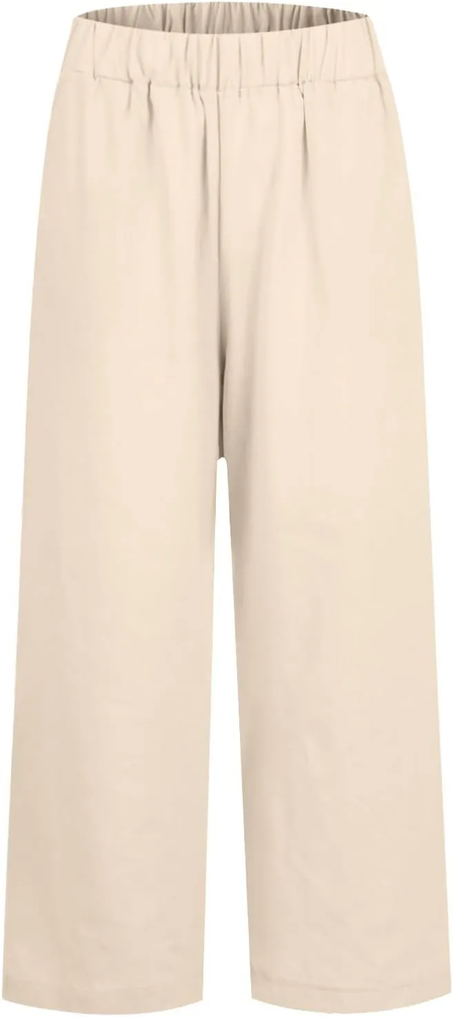 fanmpghleoo Cropped Linen Pants Women Summer Straight Leg Plus Size Crop Pants Elastic Waist Casual Trousers with Pockets