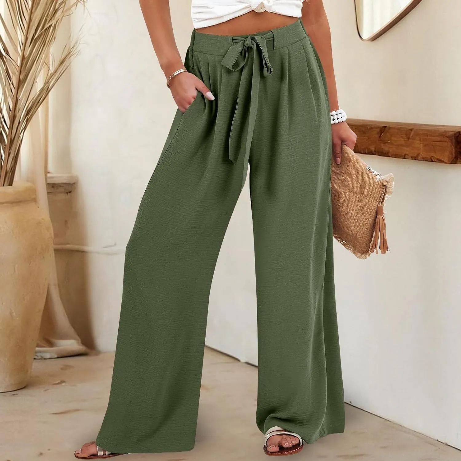 fanmpghleoo Wide Leg Linen Pants for Women Drawstring High Waisted Linen Pants Women Summer Casual Dressy Linen Palazzo Pants