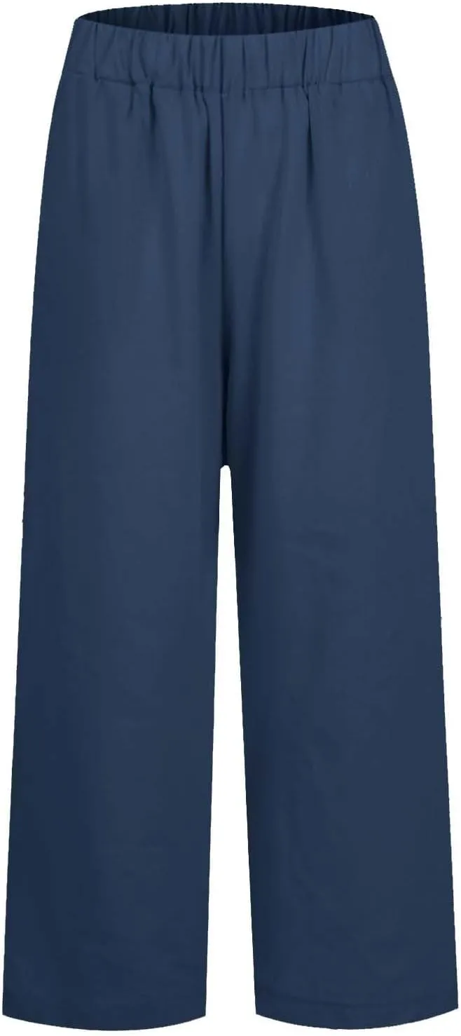 fanmpghleoo Women's Summer Casual Linen Pants Elastic Waist Loose Fit Straight Leg Crop Pants Beach Trousers with Pockets