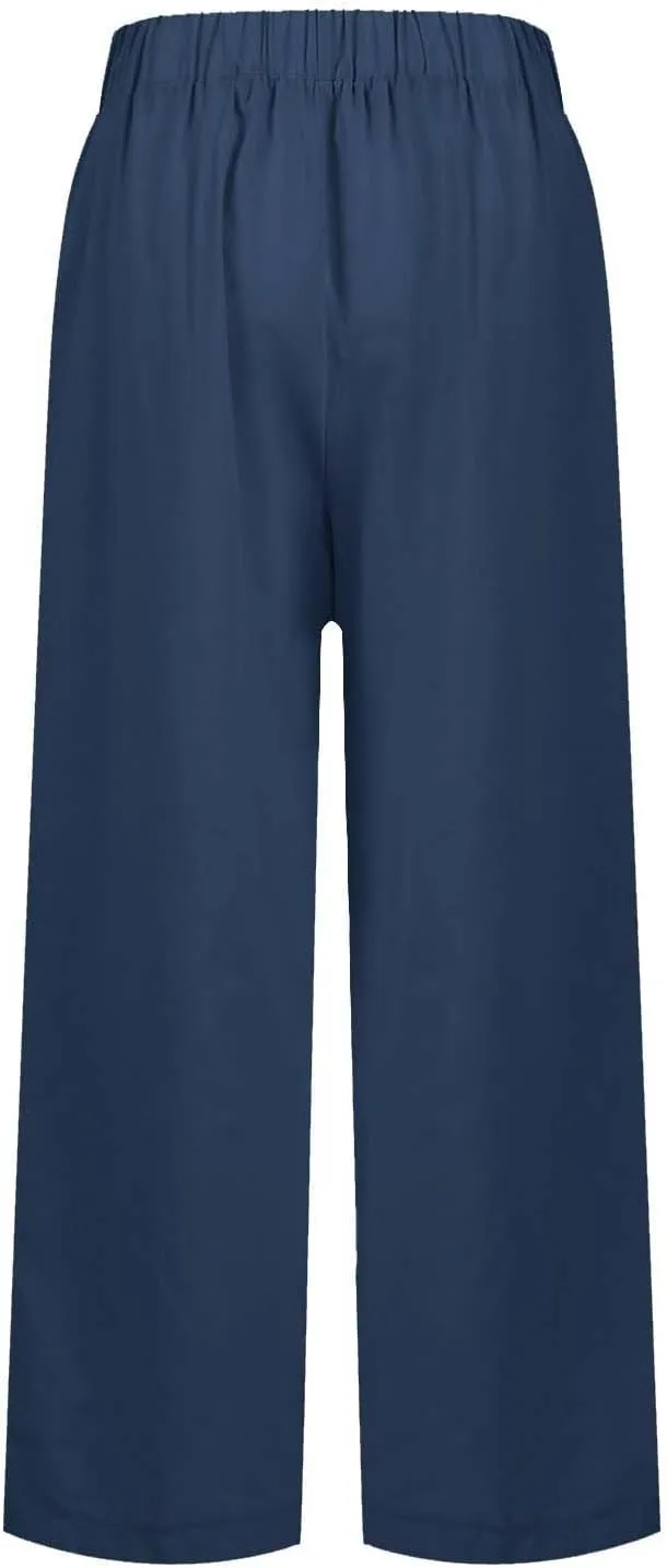 fanmpghleoo Women's Summer Casual Linen Pants Elastic Waist Loose Fit Straight Leg Crop Pants Beach Trousers with Pockets