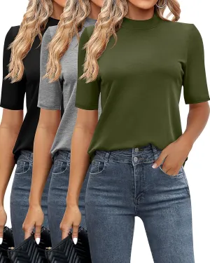 Ficerd 3 Pack Women's Mock Turtleneck Shirts, Half Short Sleeve Tops Dressy Casual High Mock Neck T Shirt Summer Basic Blouse