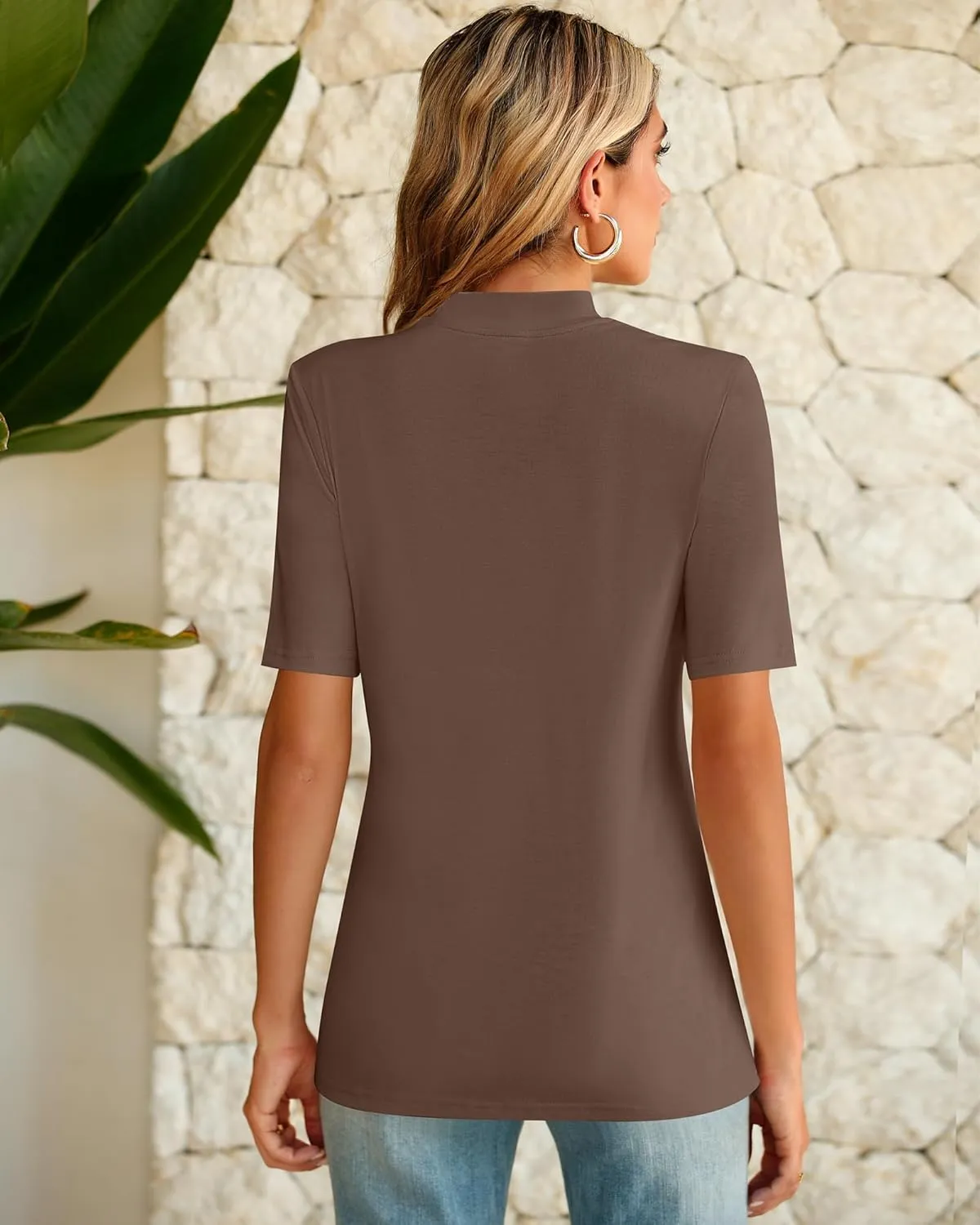 Ficerd 3 Pack Women's Mock Turtleneck Shirts, Half Short Sleeve Tops Dressy Casual High Mock Neck T Shirt Summer Basic Blouse