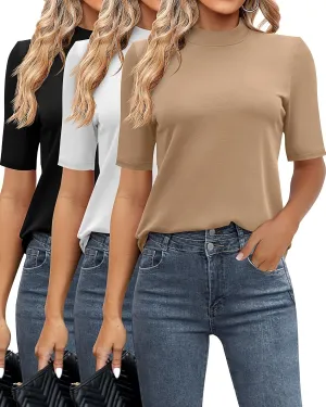 Ficerd 3 Pack Women's Mock Turtleneck Shirts, Half Short Sleeve Tops Dressy Casual High Mock Neck T Shirt Summer Basic Blouse