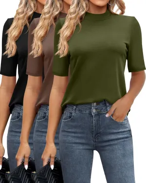 Ficerd 3 Pack Women's Mock Turtleneck Shirts, Half Short Sleeve Tops Dressy Casual High Mock Neck T Shirt Summer Basic Blouse