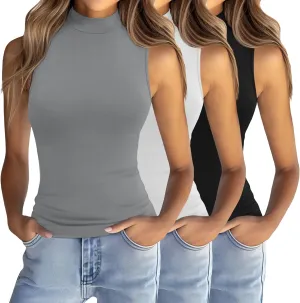 Ficerd 3 Pack Women’s Sleeveless Tank Tops, Mock Neck Cotton Summer Shirts Slim Fit Stretch Tops Basic Lightweight Knit Tee