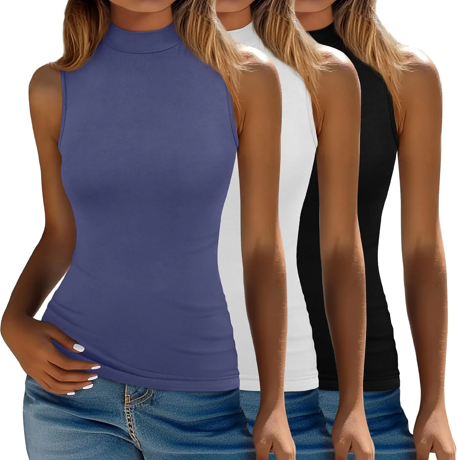 Ficerd 3 Pack Women’s Sleeveless Tank Tops, Mock Neck Cotton Summer Shirts Slim Fit Stretch Tops Basic Lightweight Knit Tee