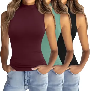 Ficerd 3 Pack Women’s Sleeveless Tank Tops, Mock Neck Cotton Summer Shirts Slim Fit Stretch Tops Basic Lightweight Knit Tee