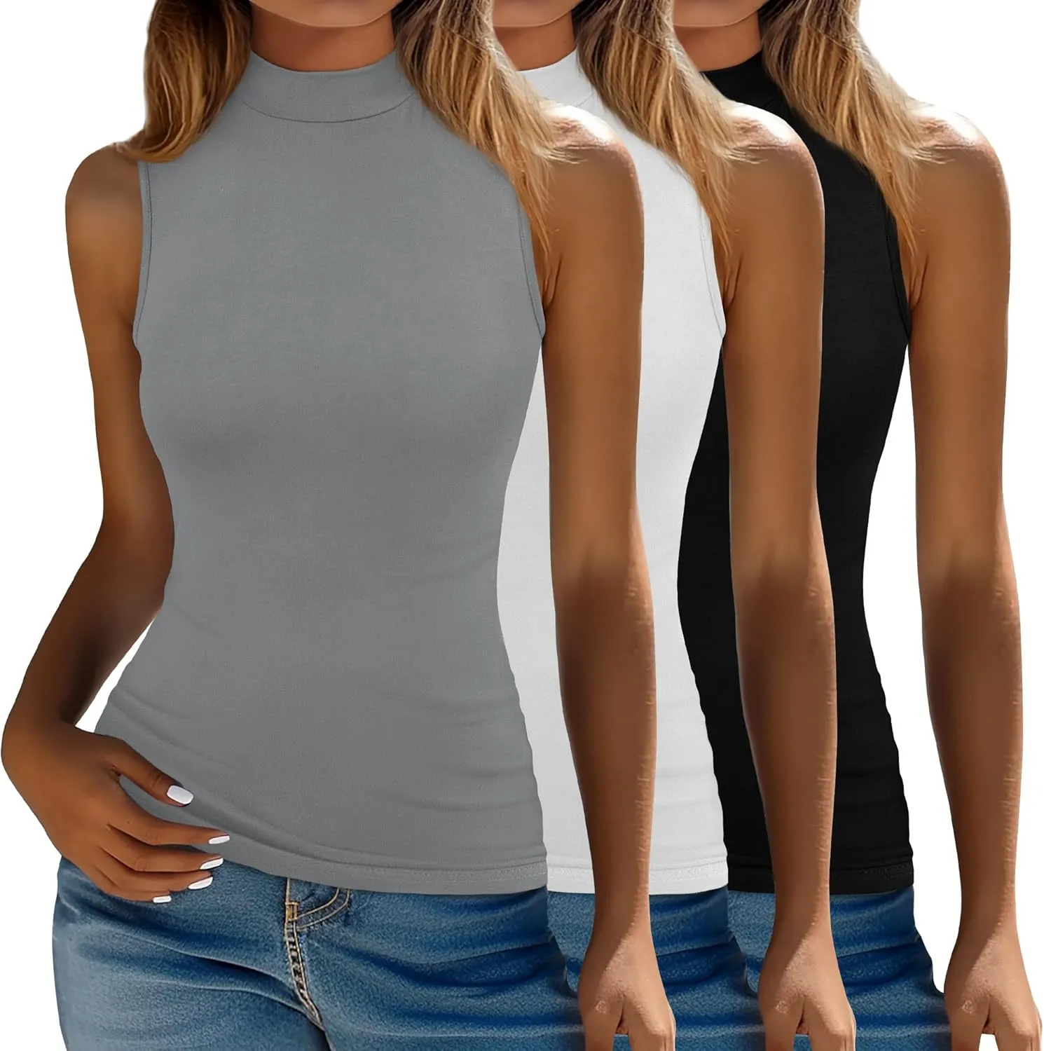 Ficerd 3 Pack Women’s Sleeveless Tank Tops, Mock Neck Cotton Summer Shirts Slim Fit Stretch Tops Basic Lightweight Knit Tee
