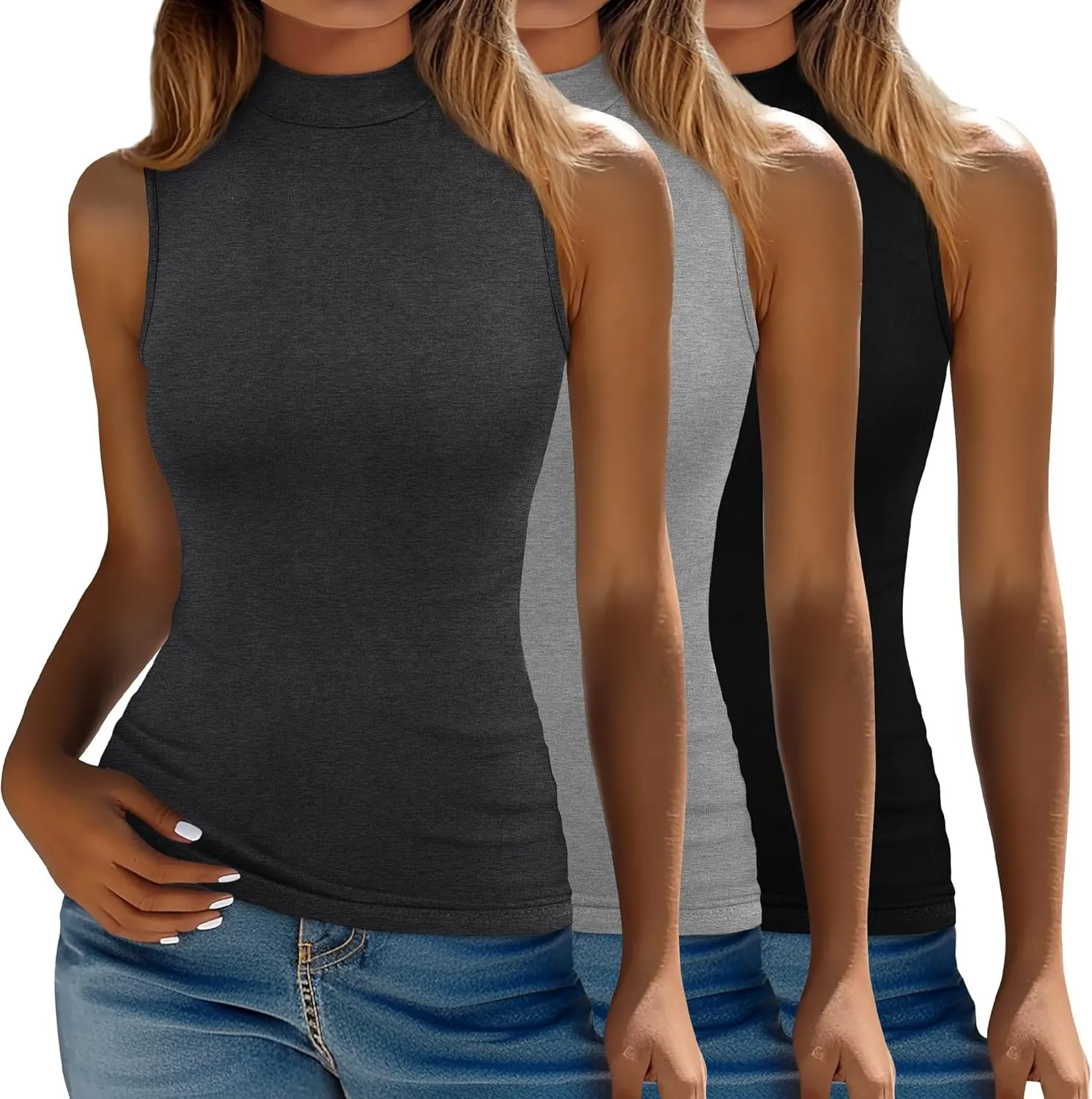 Ficerd 3 Pack Women’s Sleeveless Tank Tops, Mock Neck Cotton Summer Shirts Slim Fit Stretch Tops Basic Lightweight Knit Tee