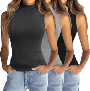 Ficerd 3 Pack Women’s Sleeveless Tank Tops, Mock Neck Cotton Summer Shirts Slim Fit Stretch Tops Basic Lightweight Knit Tee