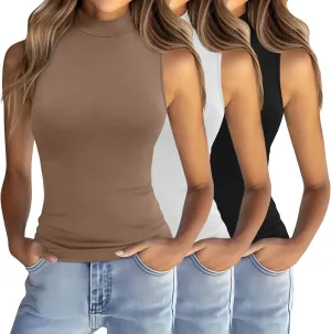 Ficerd 3 Pack Women’s Sleeveless Tank Tops, Mock Neck Cotton Summer Shirts Slim Fit Stretch Tops Basic Lightweight Knit Tee