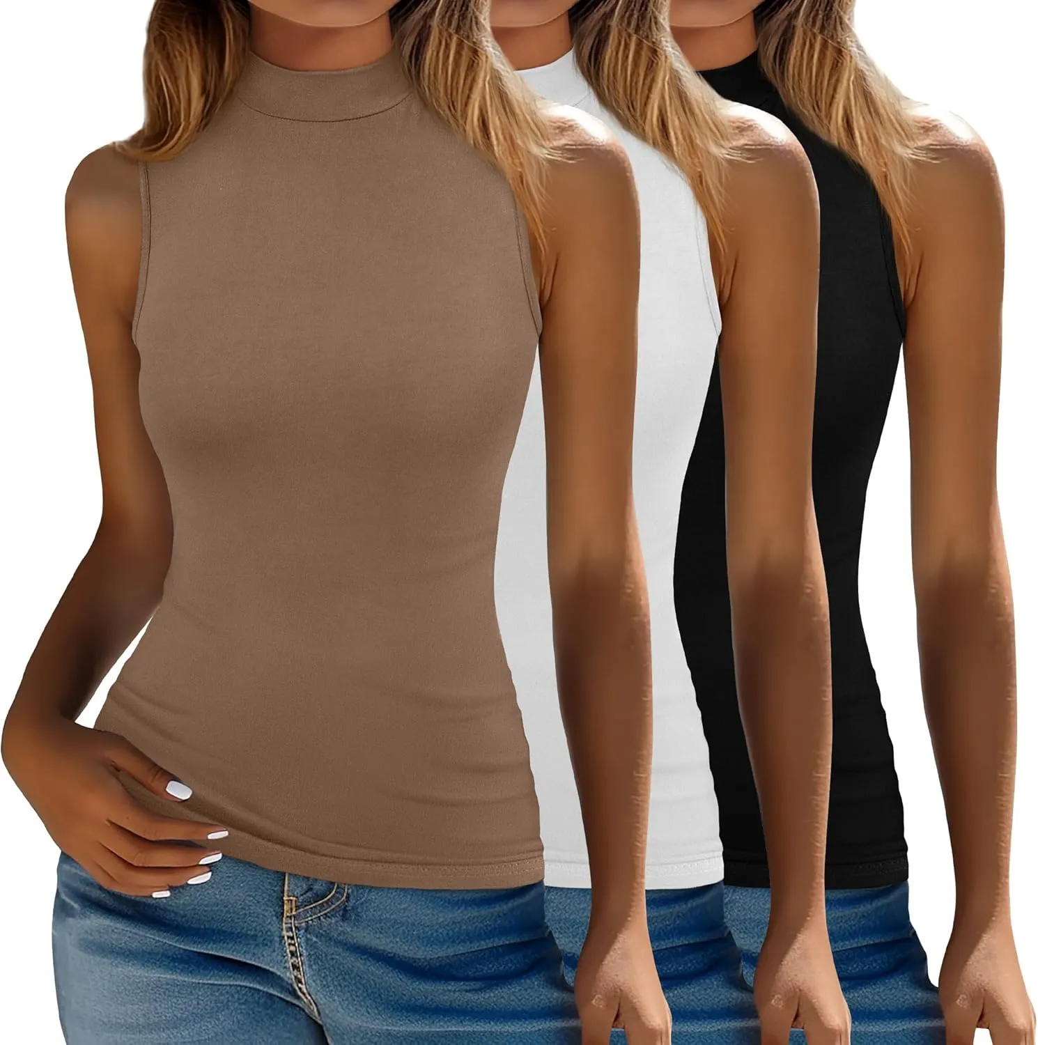 Ficerd 3 Pack Women’s Sleeveless Tank Tops, Mock Neck Cotton Summer Shirts Slim Fit Stretch Tops Basic Lightweight Knit Tee