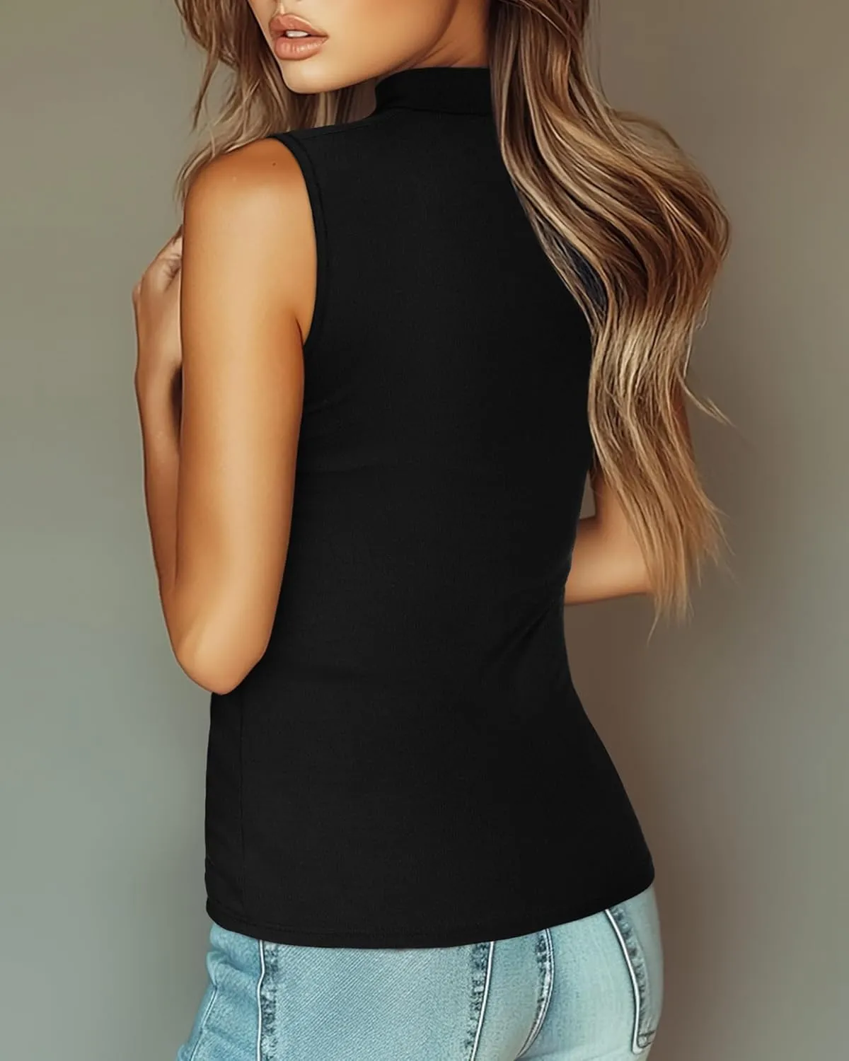Ficerd 3 Pack Women’s Sleeveless Tank Tops, Mock Neck Cotton Summer Shirts Slim Fit Stretch Tops Basic Lightweight Knit Tee