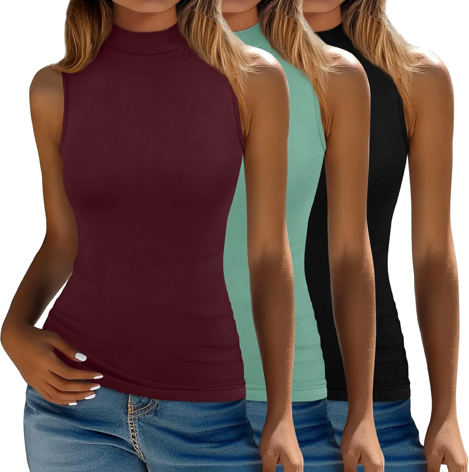 Ficerd 3 Pack Women’s Sleeveless Tank Tops, Mock Neck Cotton Summer Shirts Slim Fit Stretch Tops Basic Lightweight Knit Tee