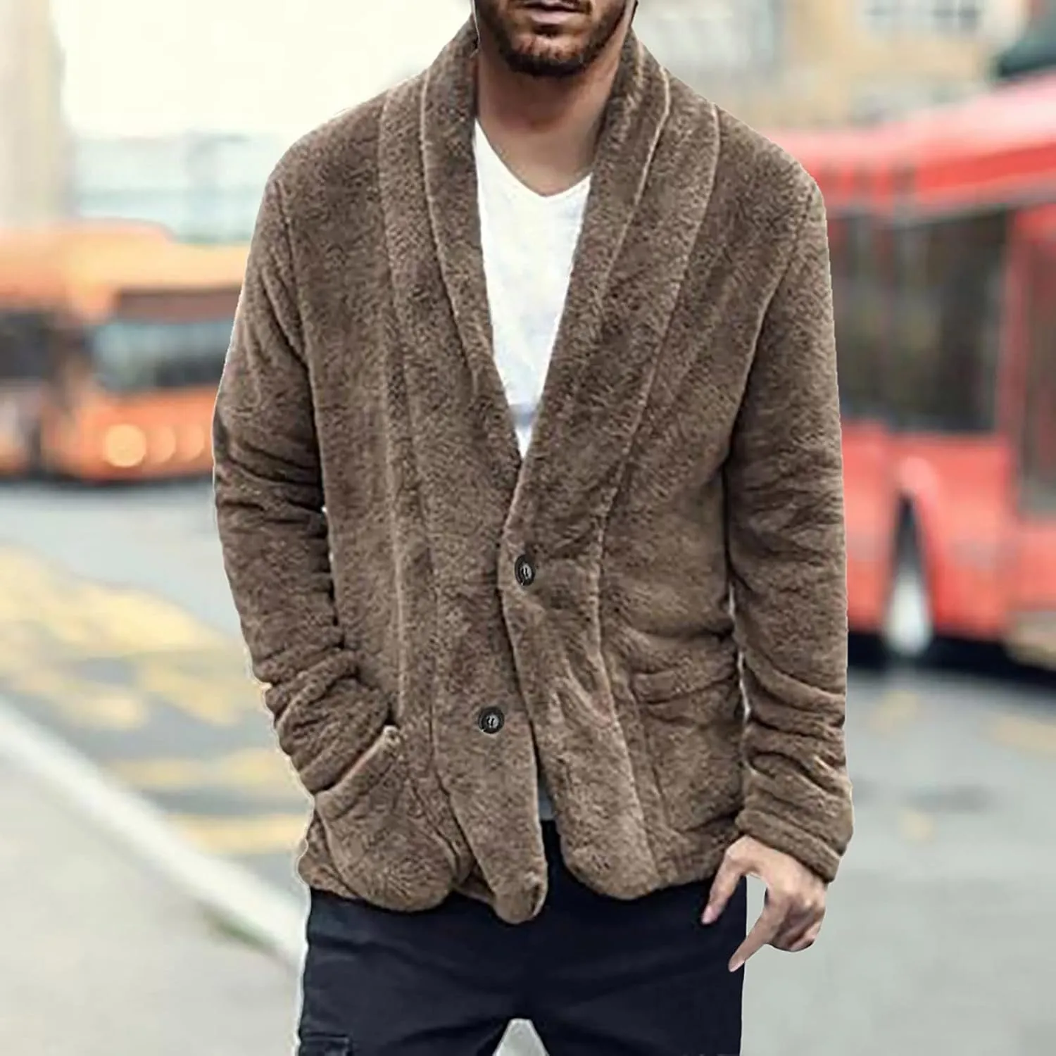 Fuzzy Sherpa Jacket for Men Button Down Front Winter Coat Dape Cape Cardigan Fleece Cozy Jackets Slim Fit Outwear
