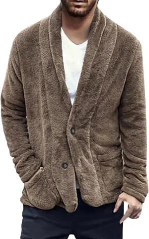 Fuzzy Sherpa Jacket for Men Button Down Front Winter Coat Dape Cape Cardigan Fleece Cozy Jackets Slim Fit Outwear