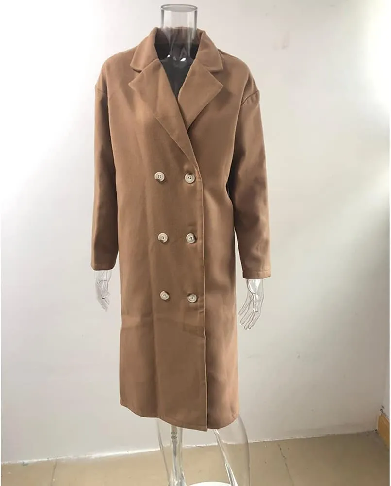 Janepam Women Duffle Coat Dust Windbreaker Oversize Solid Color Notch Lapel Maxi-Long Jacket Button-Down Outerwear