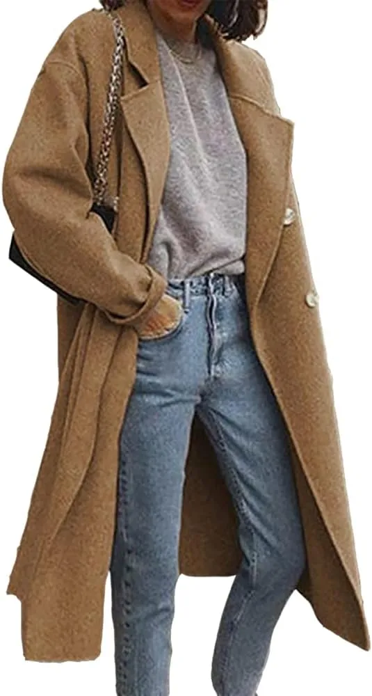 Janepam Women Duffle Coat Dust Windbreaker Oversize Solid Color Notch Lapel Maxi-Long Jacket Button-Down Outerwear