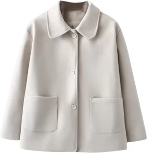 Lmdudan Women's Single Breasted Pea Coat Plus Size Button Outerwear Long Sleeve Laple Collar Wool Blend Coats with Pockets