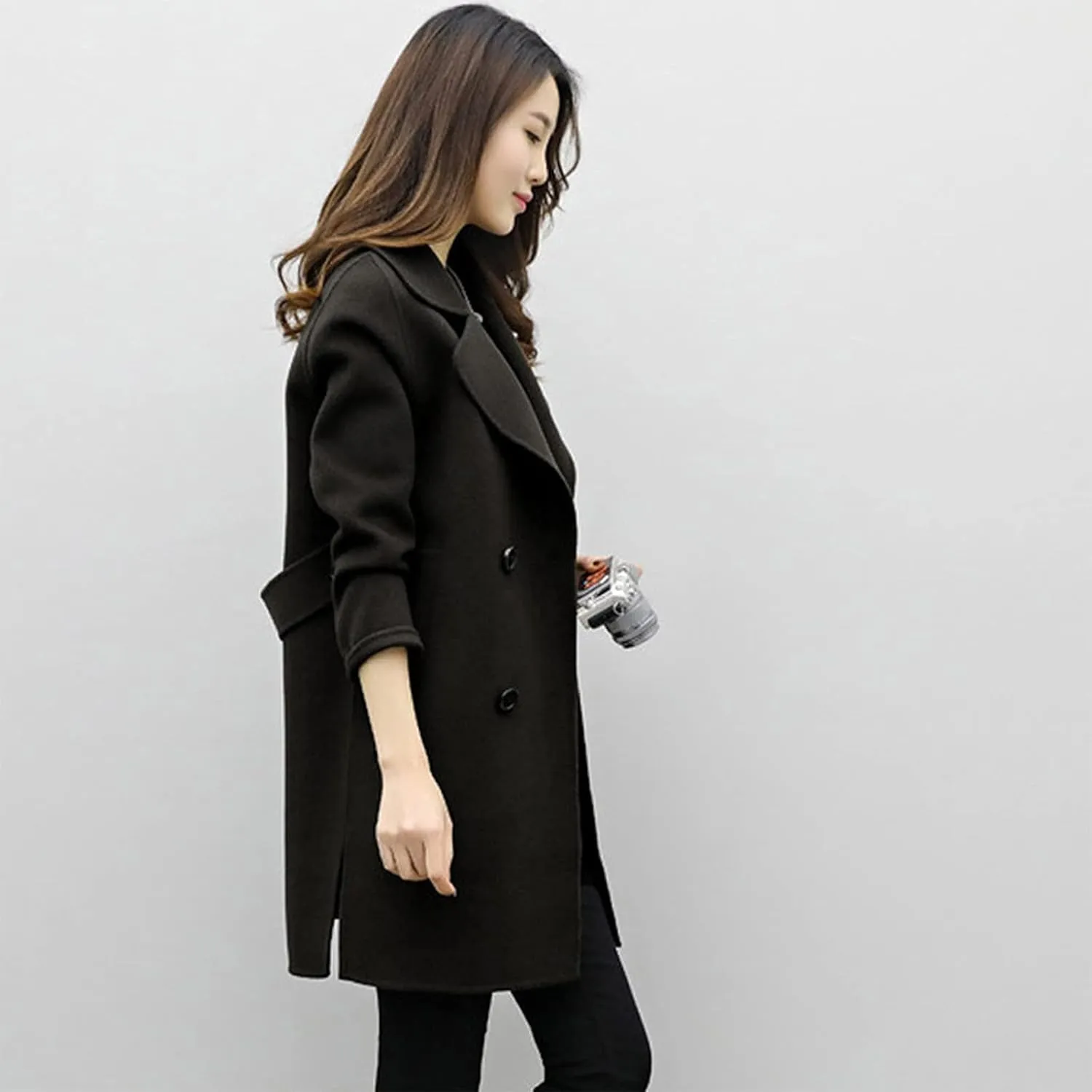 maisdgop Wool Trench Coat Women 2024 Fashion Button down Windbreaker Classic Belted Lapel Peacoats Winter Long Sleeve Coats