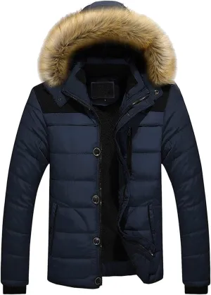 Men arge Size Cotton Coat Thick Warm Plush Hooded Jacket Zipper Button Windproof Long Sleeve Outerwear with Pocket