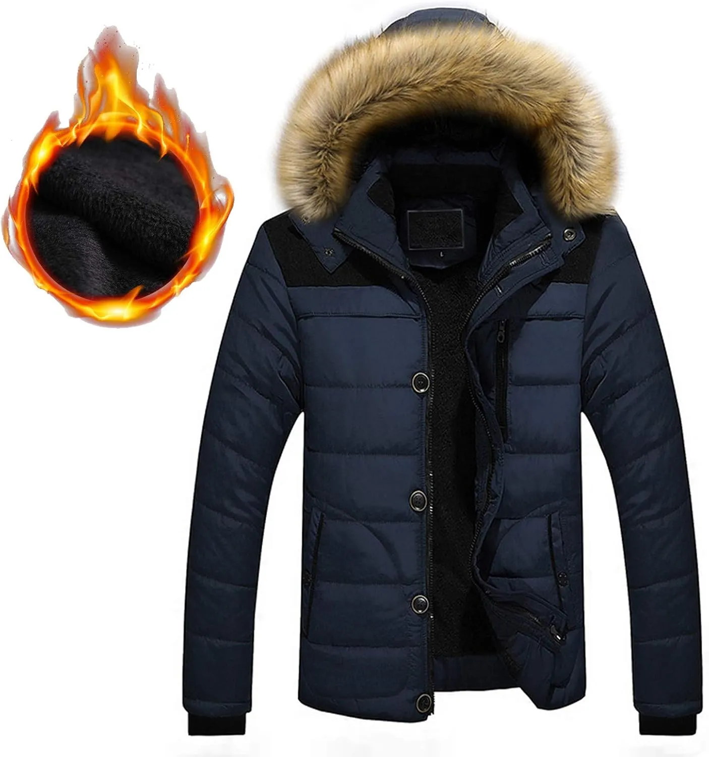 Men arge Size Cotton Coat Thick Warm Plush Hooded Jacket Zipper Button Windproof Long Sleeve Outerwear with Pocket